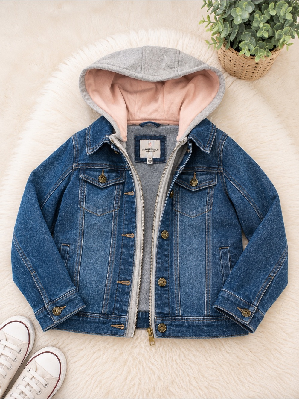 Urban Republic Girl’s Blue Denim Jacket Gray Hood & Pin! - Picture 3 of 11